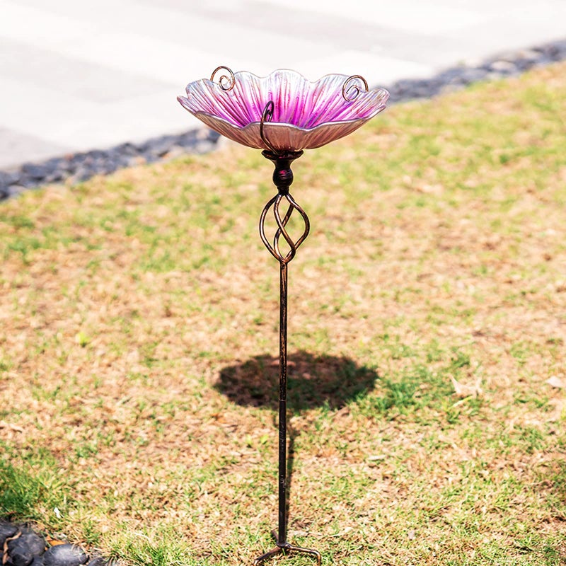 MUMTOP 31 Inch Height Glass Birdbath Birdfeeder with Metal Stake Garden Yard Outdoor Pink - Image 2